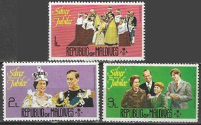 Maldivas  #662 - 664 1977   Nuevas (Hinged)  "25 años de la coronación de Isabel II"