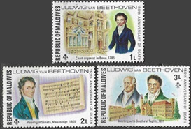 Maldivas  #669 - 671 1977   Nuevas NH "150 años del fallecimiento de Ludwig Van Beethoven"