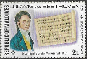 Maldivas  #670 1977   Nuevas (Hinged) "Partitura de sonata de Luz de luna de Beethoven"
