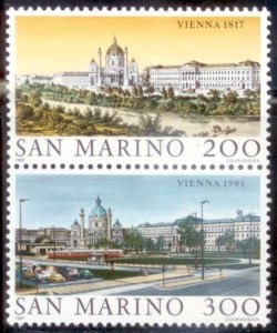 San Marino #1002a 1981 Serie completa Nuevas NH "Plaza san Carlos en Viena, vistas de 1817 y 1981"