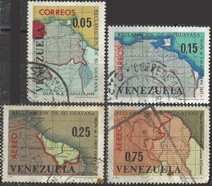 Venezuela  #886 - 887, #C905 y #C907  1965  "Reclamación de su Guayana (Mapa de J. Cruz Caño 1775)"