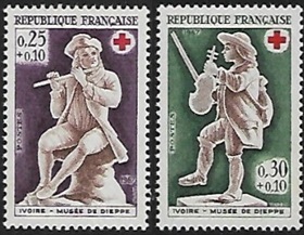 Francia #B409 - B410 1967  Serie completa Nueva  NH "Pro Cruz Roja - Tallas en marfil de músicos"