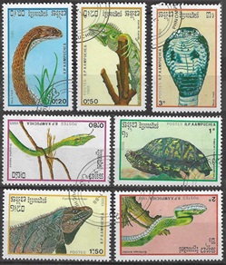 Kampuchea #905 - 911  1988  Serie completa "Reptiles"
