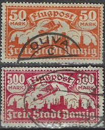 Danzig #C18 y #C21  1923 "Avión sobrevolando Danzig"