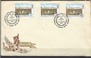 PERU #620, #622 y #C401  1974  FDC  "Sesquicentenario de las batallas de Junin y Ayacucho
