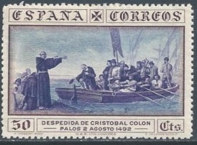 España  #427  1930 Nueva (Hinged) Scott 5.00 "Colon zarpando de Puerto de Palos"