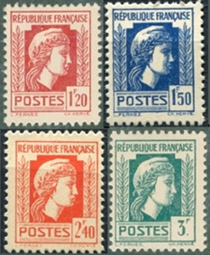 Francia #485 - 486 y #488 - 489 1944 Nuevas Scott $2.25 "Marianne"