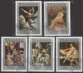 Nicaragua #1351 - 1354 y #1356  1984  CTO "Obras de Corregio"