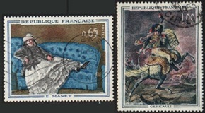 Francia #1050 - 1051 1962 Scott $4.40 "La sra. Manet echada en el sofa, por Édouard Manet; Oficial a caballo, por Gericault"