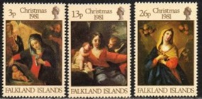 Islas Falkland #331 - 333  1981 Serie completa  NH Scott $1.50  "Navidad, pintores europeos" Esta serie fue utilizada por los agentes de la corona en plena guerra de Las Malvinas