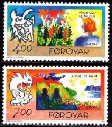Islas Feroe #282 – 283 1995 Serie completa Nueva NH Scott $4.00 «Mitologia nordica – Dragones – Europa»