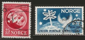 Noruega #300 - 301  1949 Scott $1.25  "Palomas mensajeras - 75 años de la U.P.U."