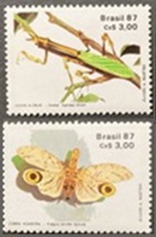 Brazil 1987 #2107 - 2108 1987  Serie completa Nueva NH "Sociedad Entomológica, chicharrita y mantis religiosa"