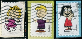 Estados Unidos #5726d, #5726h y #5726j  2022 Autoadhesivas en papel "Personajes de Peanuts: Sally Brown, Charles M Schulz Schroeder y Marcie"
