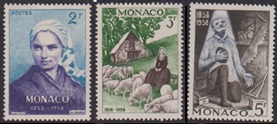 Monaco #413 - 415 1958 Nueva NH "Bernadette y Bouriette Soubirous, pastores en la aparición de la Virgen de Lourdes"