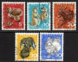 Suiza  #B350 - B354 1965 Serie completa "Fauna en peligro"