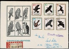 Alemania, Republica Democratica #800 - 805 1965 FDC Circulado Registrado "Aves rapaces europeas"