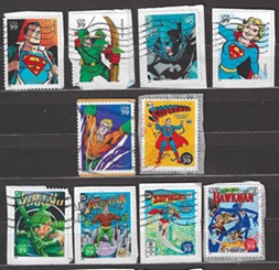 Estados Unidos #4084a, #4084d - 4084e. #4084h - 4084i, #4084k, #4084n y #4084q - 4084s  2006  Autoadhesivas en papel "Super héroes de DC Comic"