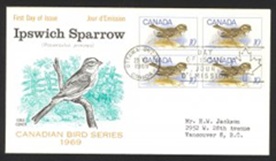 Canada #497 1969 cuadro en FDC "Gorrión sabanero"