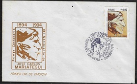Peru #1095  1995 FDC Scott $3.00  Bust $2.50 "Centenario del Natalicio de José Carlos Mariátegui" NOTA: Sobre con agujero de polilla y marcas humedad