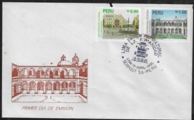 Peru #1101 - 1102  1995  Serie completa FDC  Scott $8.50  Bust. $5.00  "Fuente de la Plaza de armas y Convento de Santo Domingo" NOTA: Sobre con agujero de polilla