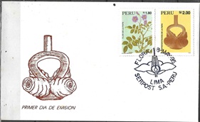 Peru #1106 - 1107  1995  Serie completa FDC Scott $10.00  Bust. $11.00 "Papa, flor y ceramica Mochica"