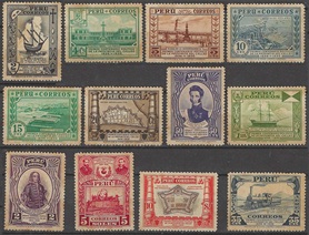 Peru #341 - 351 y #C13  1936 Serie completa NH Manchas del tiempo Scott $134.40  Bust. $258.90 "100 Años de la provincia de Callao"