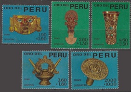 Peru #B1 - B5  1966 Serie completa Nueva NH Scott $17.10  Bust. $21.00  "Cultura Chimú, Oro del Perú”