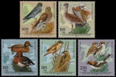Alemania #B837 - B841 1998 Serie completa Nueva NH "Aguilucho pálido, avutarda común, porrón pardo, carricerín cejudo y alcaudón común"