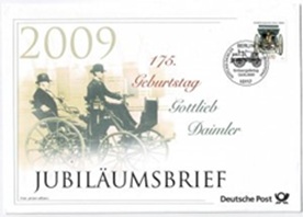 Alemania 2523 2009 FDC con hoja informativa interna "175.º aniversario del nacimiento de Gottlieb Daimler, pionero en los motores de combustión interna y en el desarrollo de automóviles "