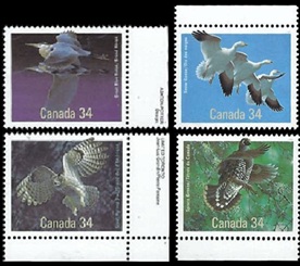Canada #1095 - 1098 1986 Serie completa Nueva NH "Ganso nival, garza azul grande, urogallo pícea y búho cornudo"