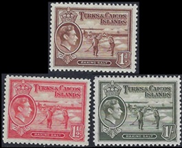 Islas Turcas y Caicos #80-81 y #86a 1938 Nuevas (Hinged) "Rastrillando sal"