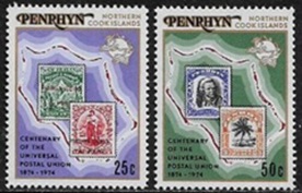 Penrhyn #64 - 65 1974 Serie completa Nueva NH "Centenario de la UPU - Sellos y Mapa de Penrhyn"