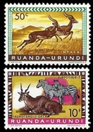 Ruanda Urundi #140 y #148  1959 Nuevas NH "Imapalas, zebras y antílope eland"