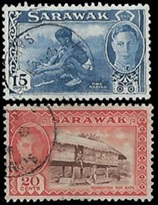 Sarawak #188 - 189 1950 "Niño haciendo fuego y granero de arroz - Rey Jorge VI
