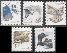 Canada #3018 - 3022 2017 Serie completa "Arrendajo azul, halcón gerifalte, búho gris, águila pescadora y colimbo común"