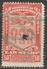 Saskatchewan, Canada VD#SL37 1908 Timbre de justicia "Escudo de Saskatchewan"