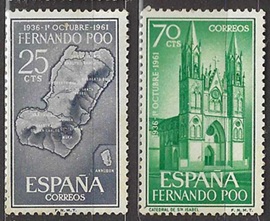 Fernando Poo #192 y #194 1961 Nuevas NH "Mapa de la isla y Catedral de Santa Isabel"