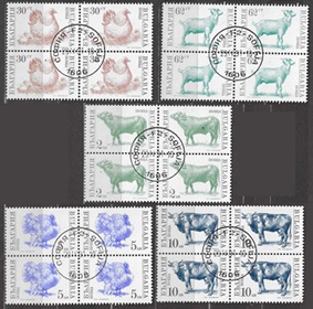 Bulgaria #3583, #3585 y #3589 - 3591  1991 Cuadros "Animales de granja"