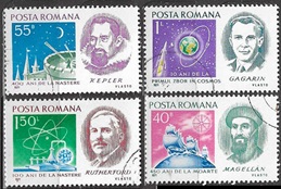 Rumania #2308 - 2311 Serie completa "Magallanes, Kepler, Yuri Gagarin y Rutherford"
