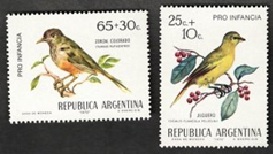 Argentina #B56 - B57 1972 Serie completa Nueva NH "Pinzón azafrán y Zorzal de vientre rufo"