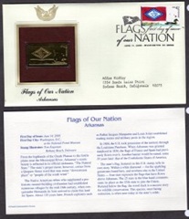 Estados Unidos #4278 2008 FDC con reproducción chapado en oro «Bandera de Arkansas - Pato»