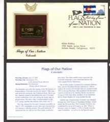 Estados Unidos #4280 2008 FDC con reproducción chapado en oro «Bandera de Colorado»