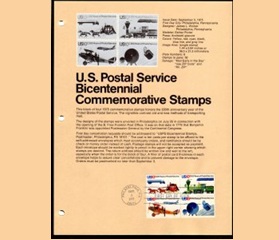 Estados Unidos #SP372 1975 Pagina de recuerdo con #1575a "Estampillas conmemorativas del Bicentenario del Servicio Postal de E.U.A."
