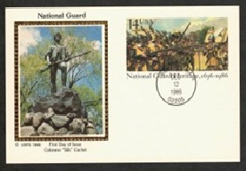 Estados Unidos #UX114 1986 Entero postal FDC "350 Años de la Guardia Nacional"