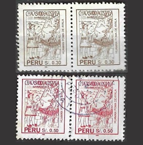 PERU #1073 y #1075 1994 par «Puente de Gambochaca, dibujo de Huamán Poma»