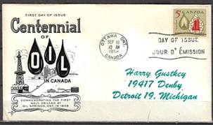 Canada #381 1958 FDC «Centenario de la industria petrolera en Canadá»