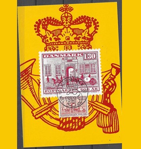 Dinamarca #662 1980 Maxicard "Coche de correos con guardias a caballo frente a oficina postal - 200 años del  correo real - Escudo del correo real danes" "