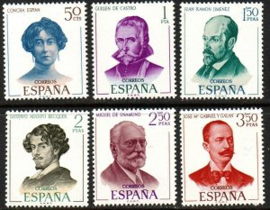 España #1624 - 1629 1970 Serie completa Nuevas NH "Literatos españoles - Concha Espina, Unamuno, Juan Ramon Jimenez, Becker, etc "