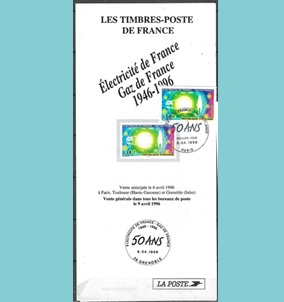 Francia #2513 1996 Folder FDC "50.º aniversario de las industrias del gas y la electricidad"